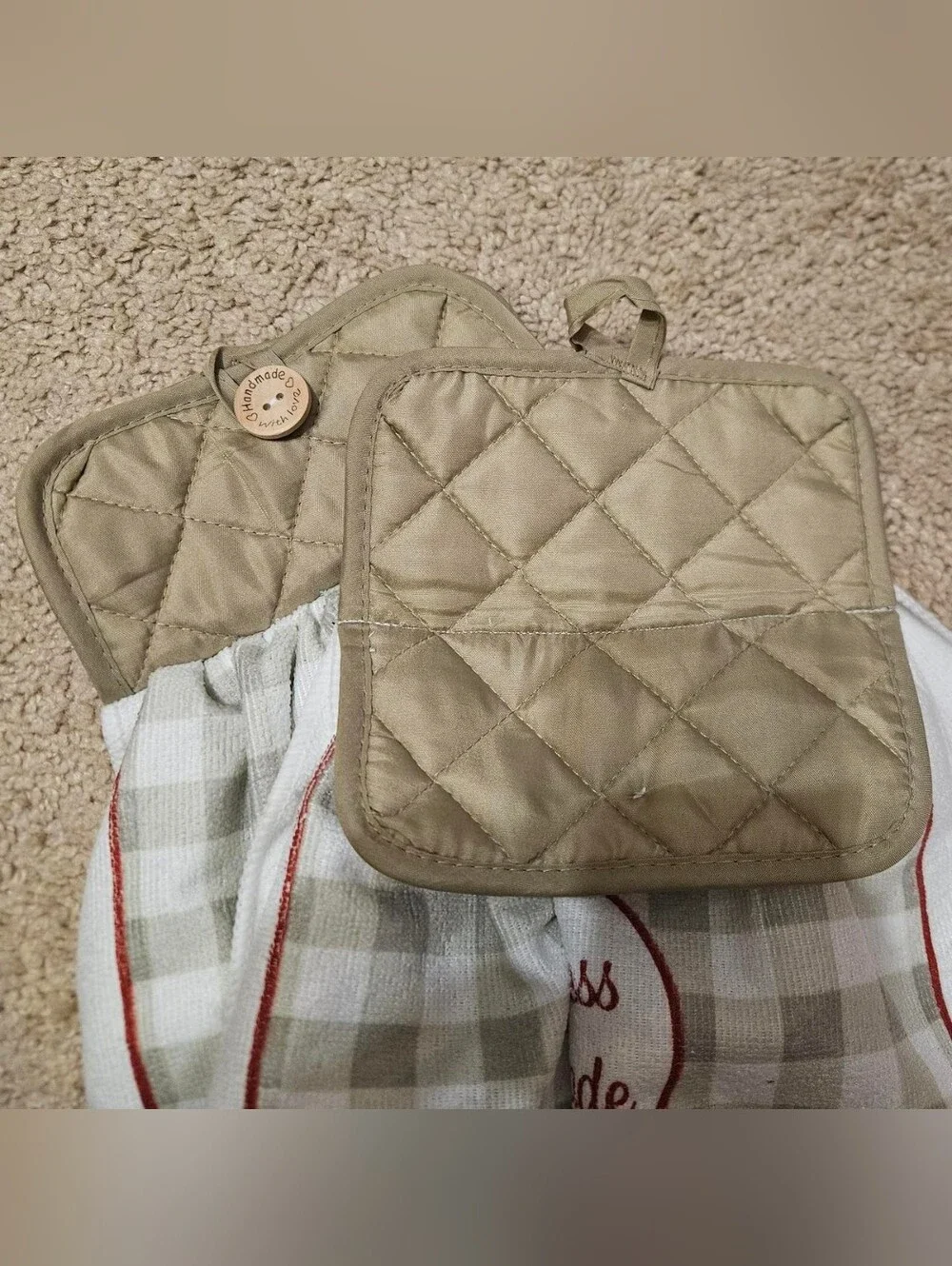 2 Handcrafted Potholders Attached To Towels | Red, White, Tan | Gingham